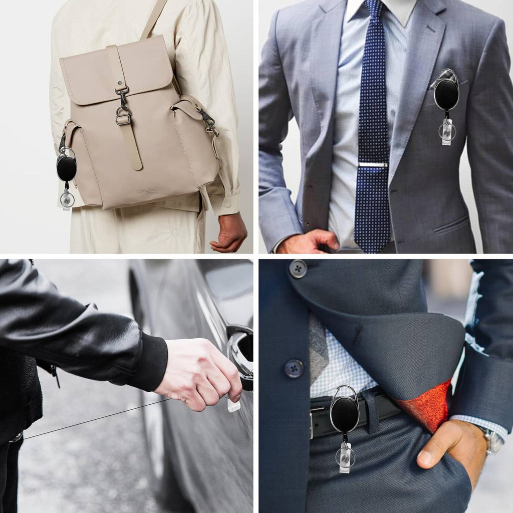 Retractable badge holder with carabiner clip on a bag and belt, with ID badge
