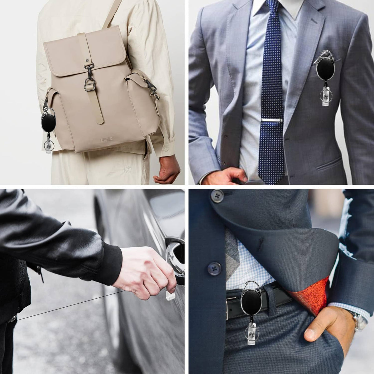 Retractable badge holder with carabiner clip on a bag and belt, with ID badge