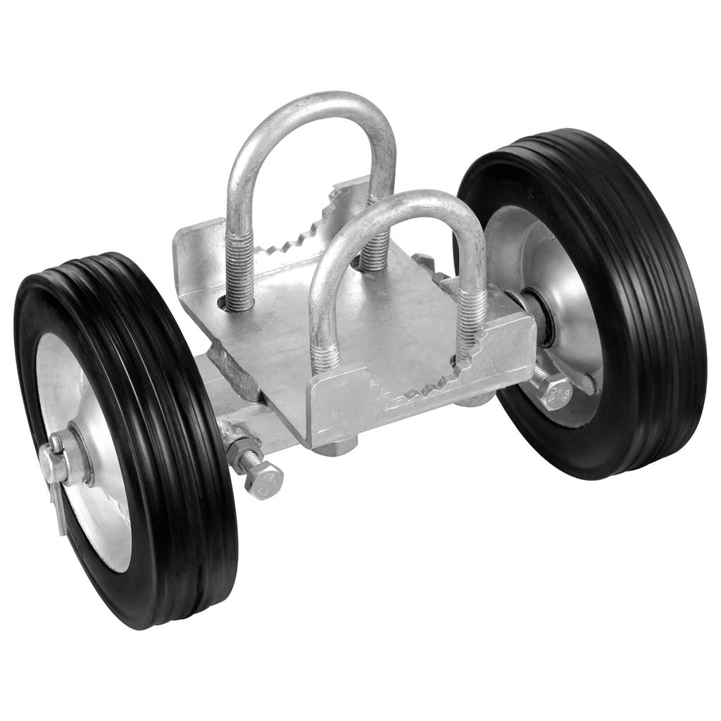 Adjustable sliding gate roller hardware kit with two black wheels and galvanized bracket