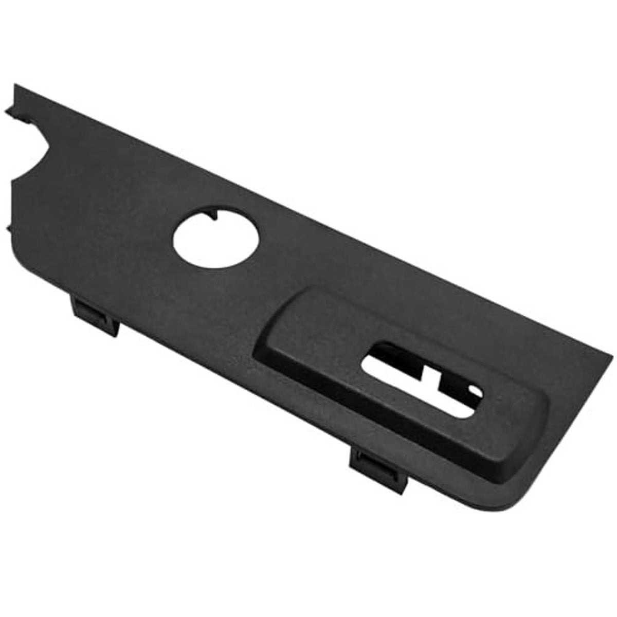 Dark gray seat switch trim bezel panel with circular hole and interior handle opening