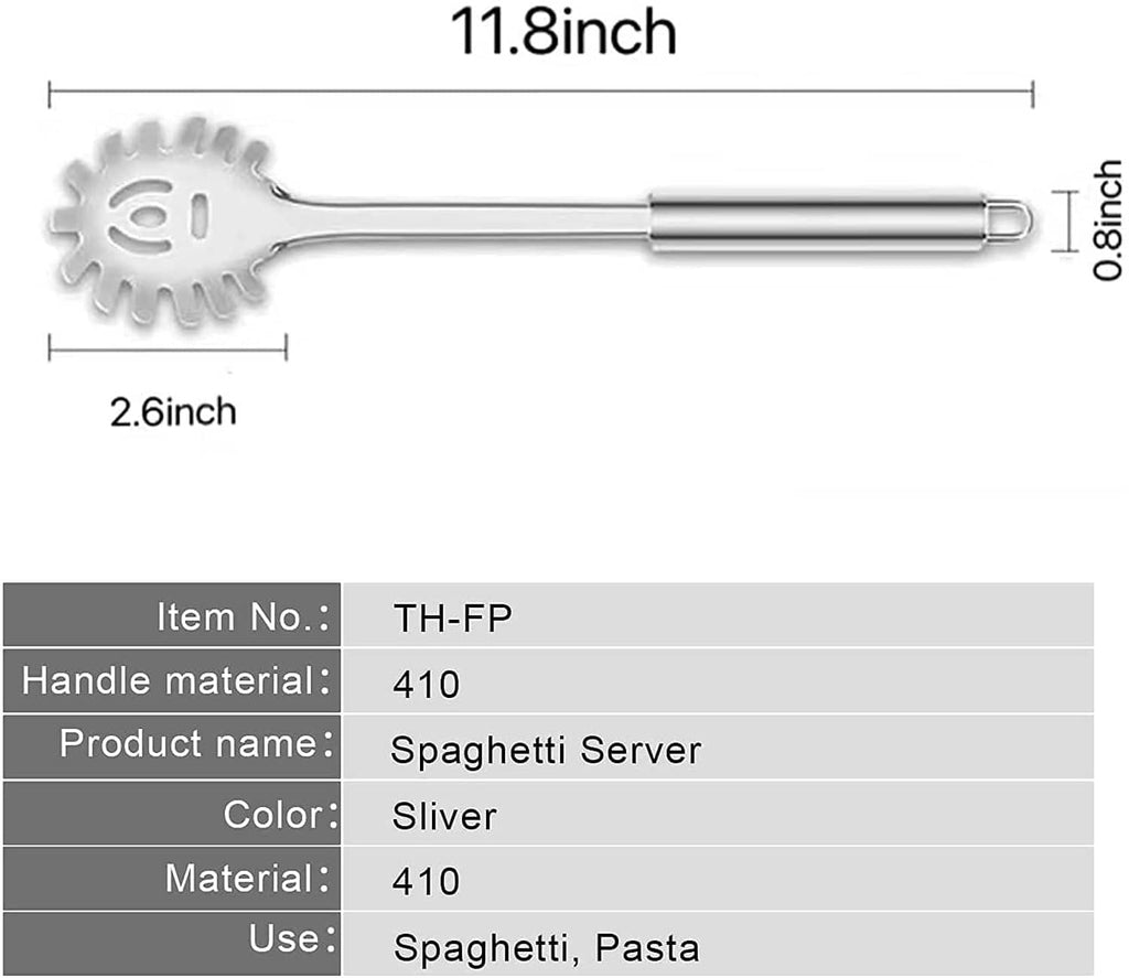 Spaghetti server with spoked wheel head, long handle, and size diagram
