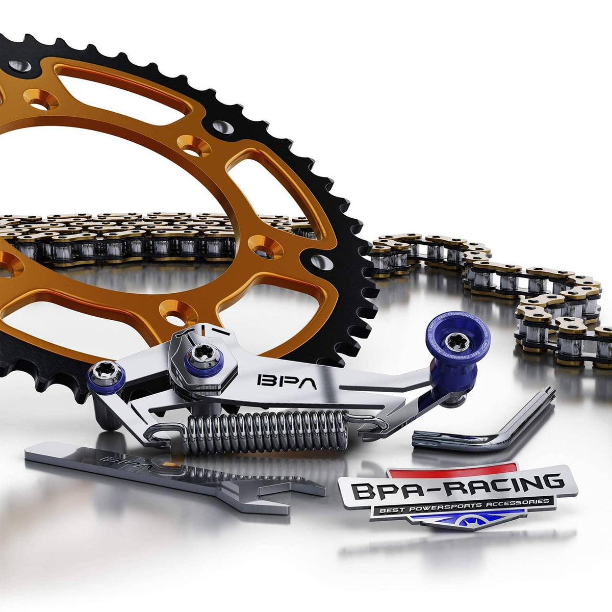 Motorcycle chain slack adjuster tool and chain guide, blue accents
