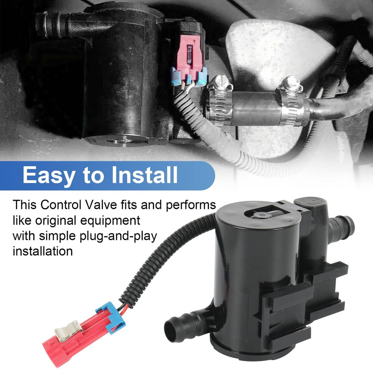 Evap canister vent solenoid shown with wiring harness and electrical plugs
