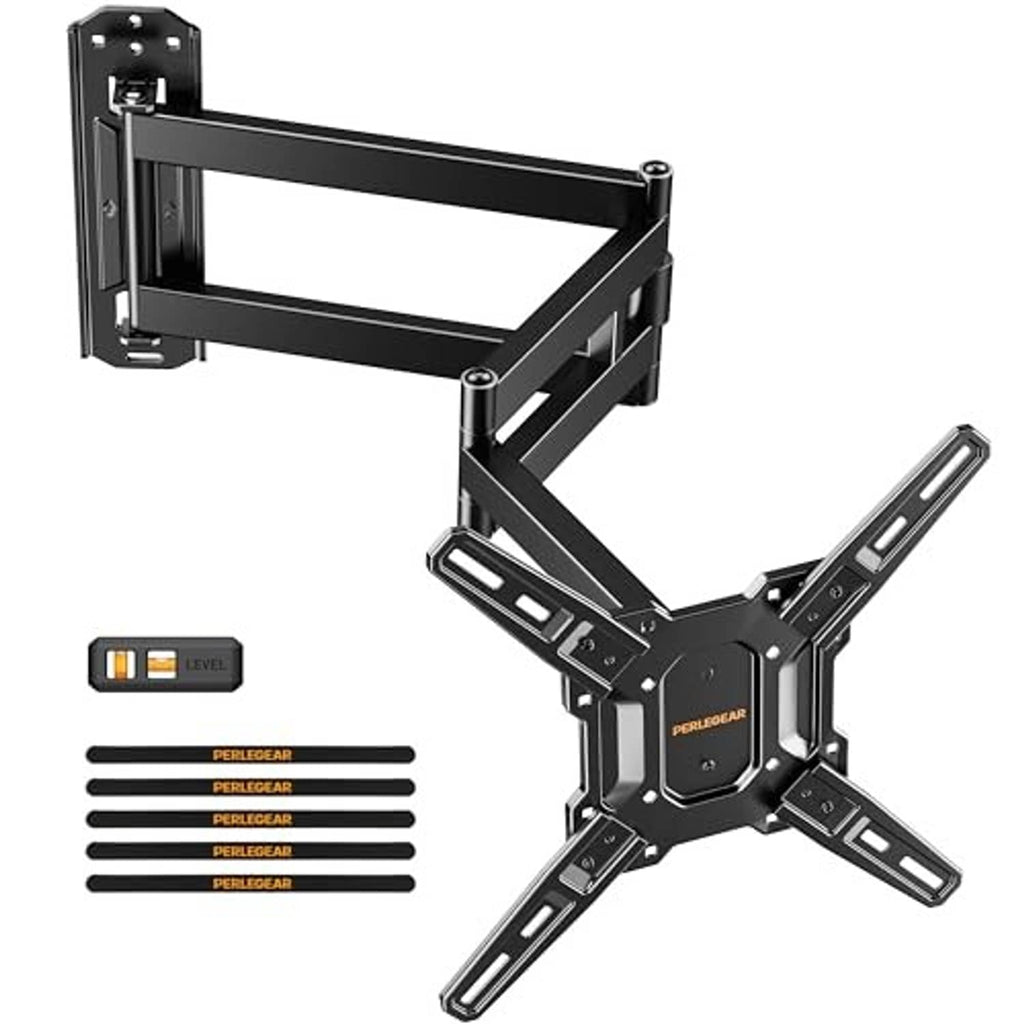 Black corner TV wall mount with long extension arms and VESA mounting bracket