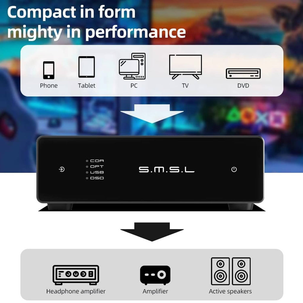 Compact black SMSL USB DAC with input indicators and power button