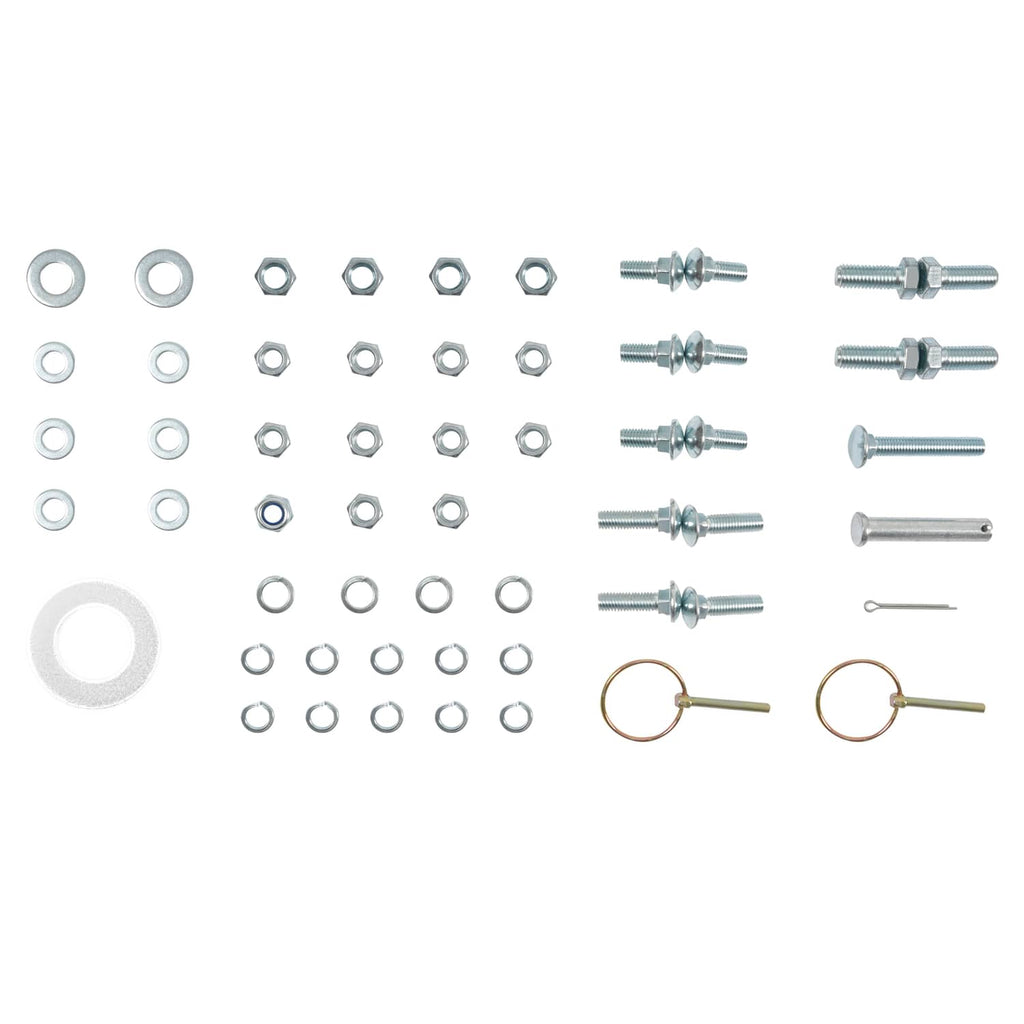Tow-behind box scraper blade hardware kit with bolts, washers, pins, and rings