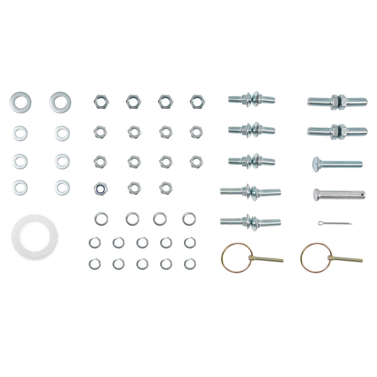 Tow-behind box scraper blade hardware kit with bolts, washers, pins, and rings