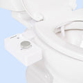 Non-electric white bidet toilet seat attachment with circular control knob and nozzle