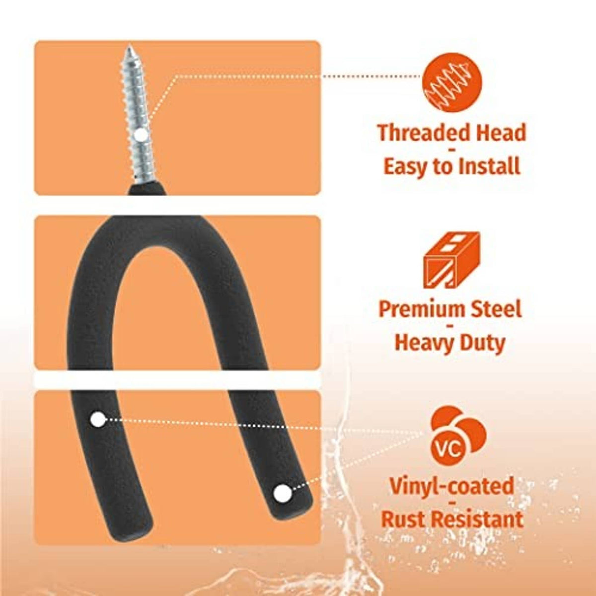 Black vinyl-coated U hook with threaded screw head for easy screw-in wall mounting.