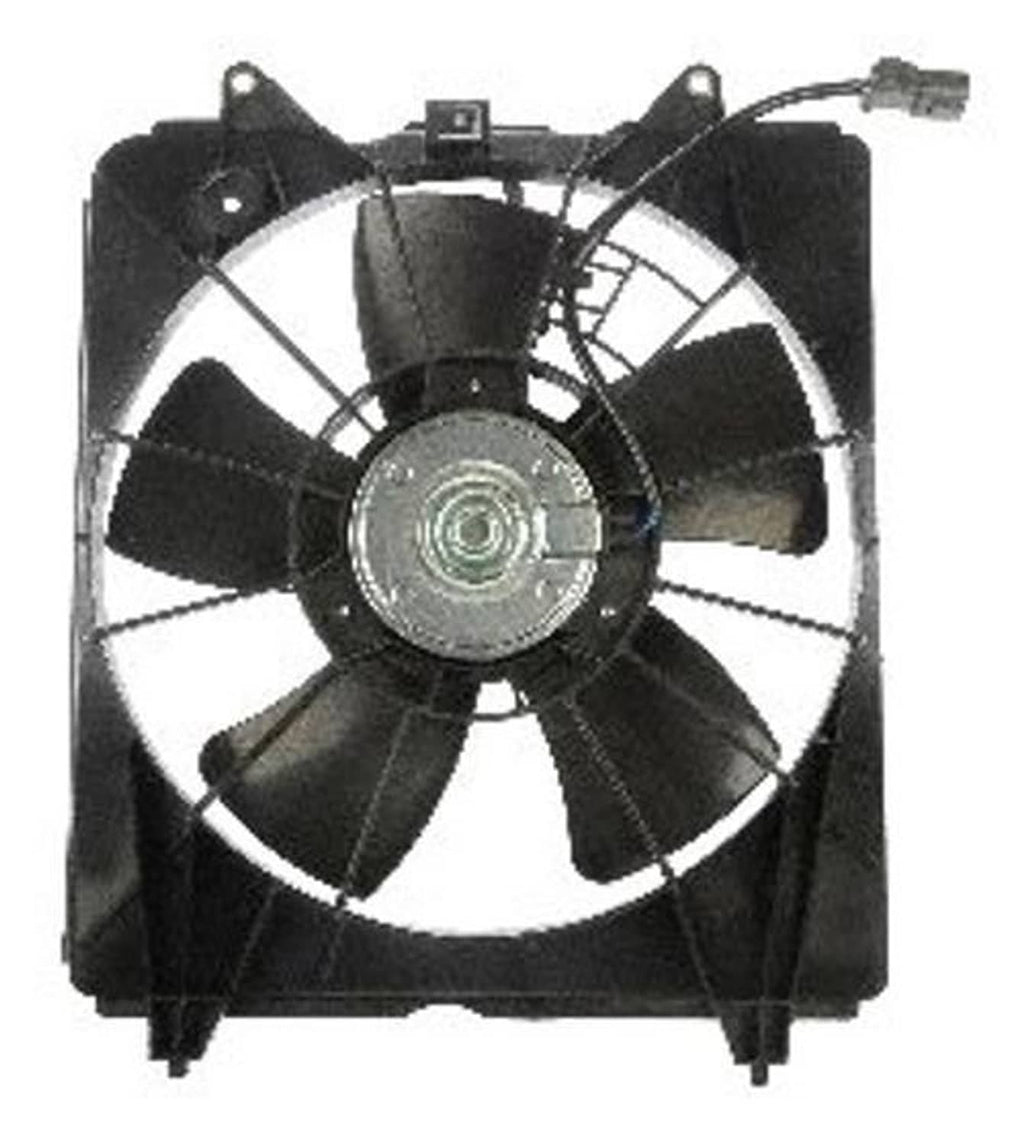 Engine cooling fan assembly with black fan blades and circular silver motor hub
