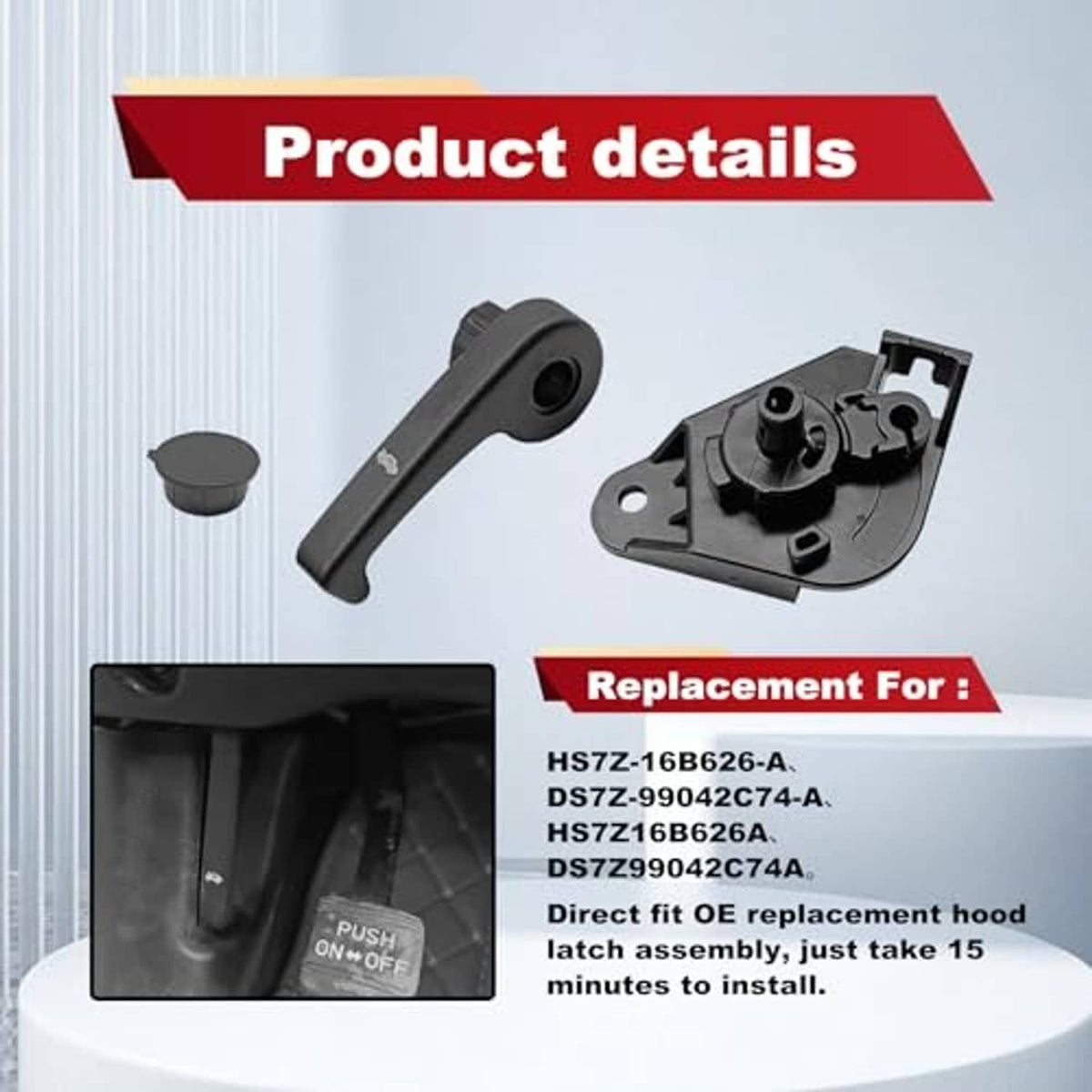 Hood release handle and latch catch assembly with mounting bracket, dark gray