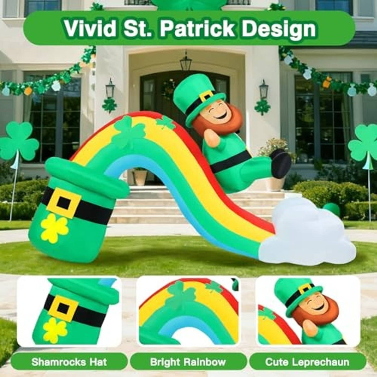 Inflatable St. Patrick rainbow slide with leprechaun figure and white cloud landing
