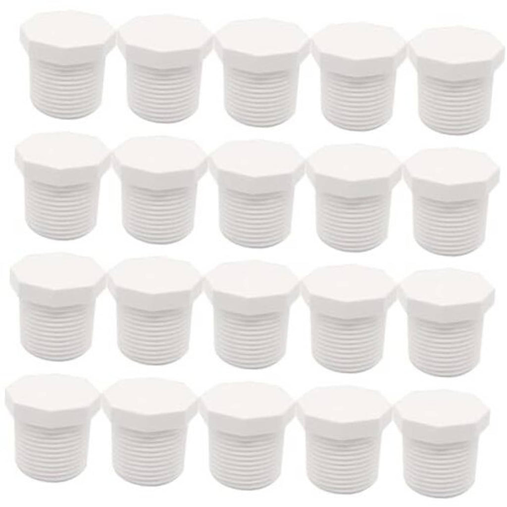 Set of white PVC male threaded plugs with hex heads and ridged threads