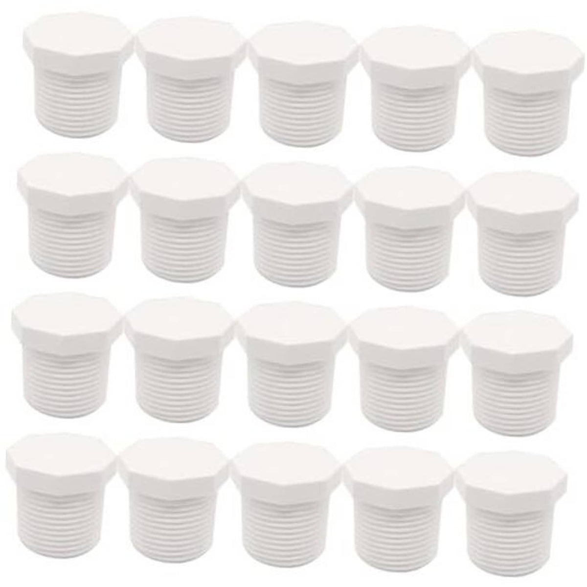 Set of white PVC male threaded plugs with hex heads and ridged threads