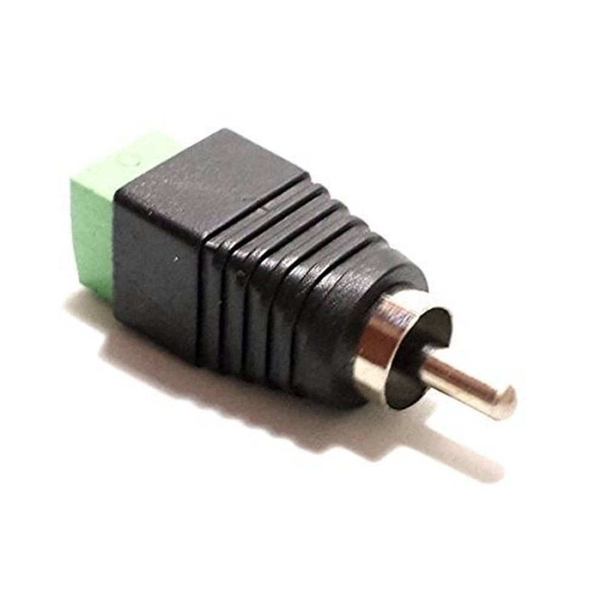 Liimevvon black RCA male plug with green terminal block, angled view