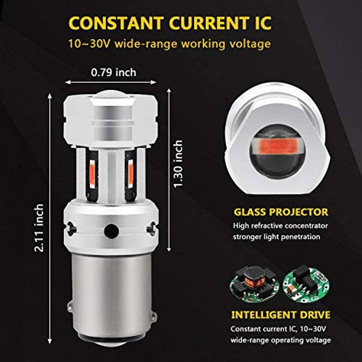 LED brake light bulb with glass projector lens, red LED glow, compact size