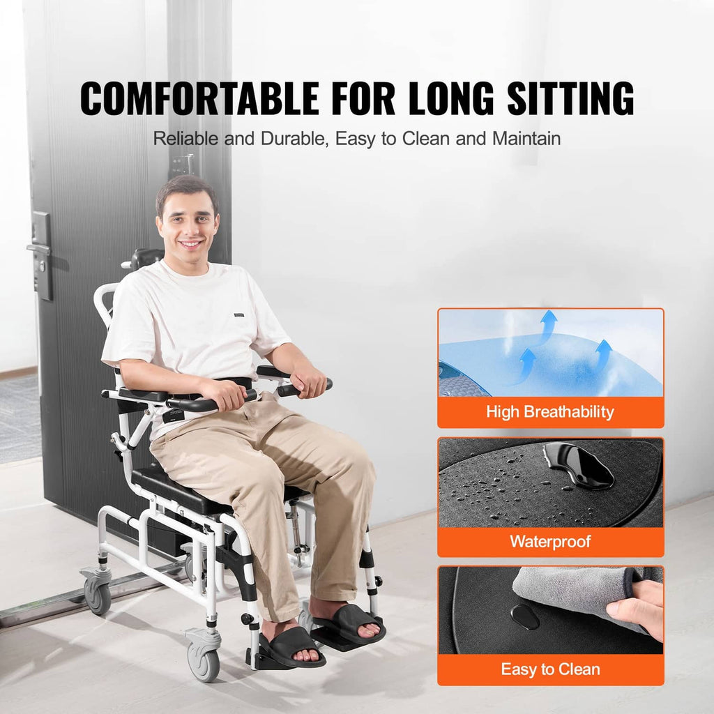 Shower commode wheelchair with padded backrest and seat for long sitting