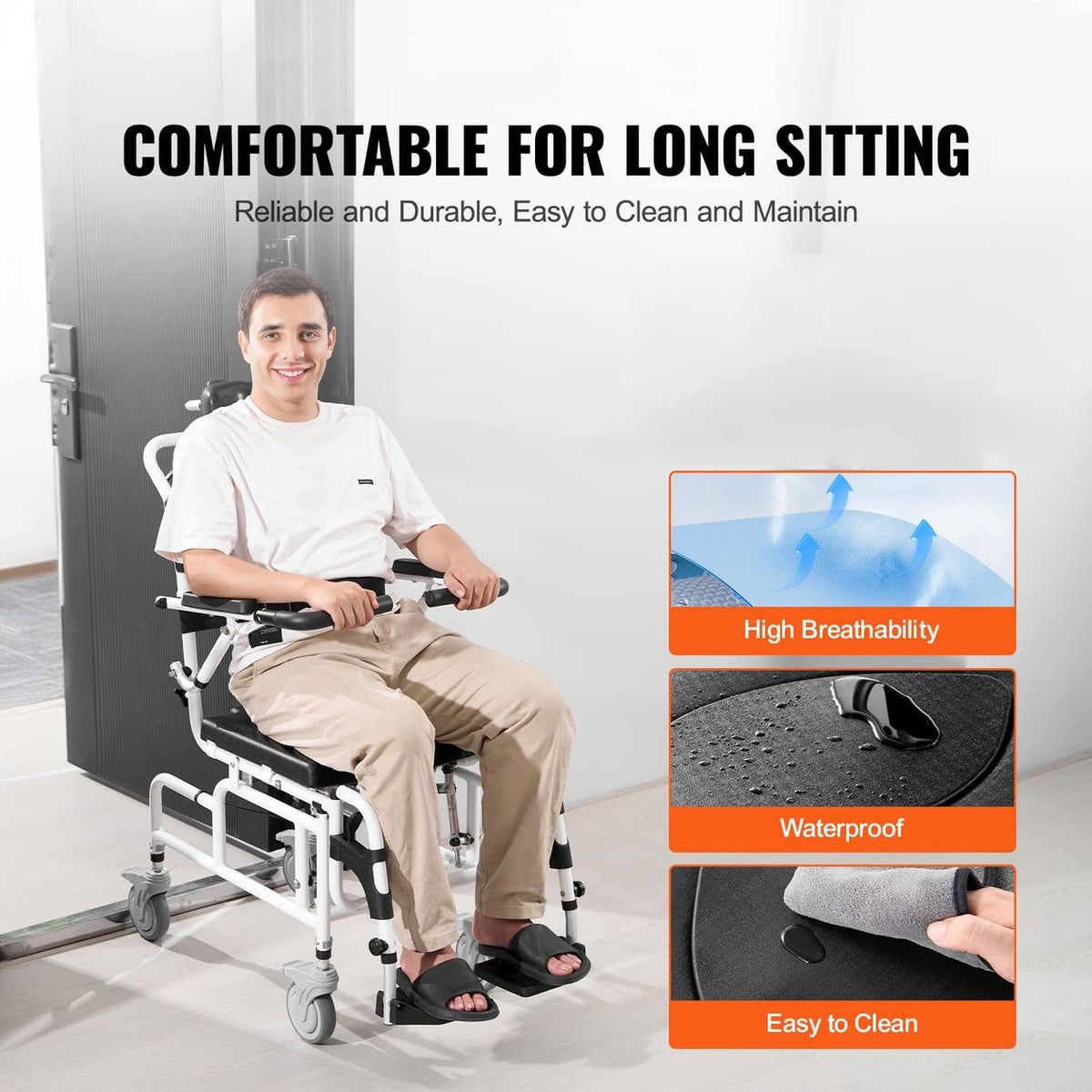 Shower commode wheelchair with padded backrest and seat for long sitting