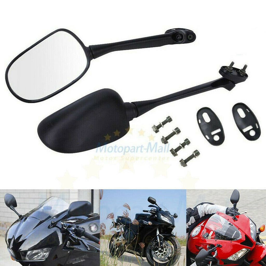 Motorcycle mirror set with black arms and clear oval glass with mounting hardware