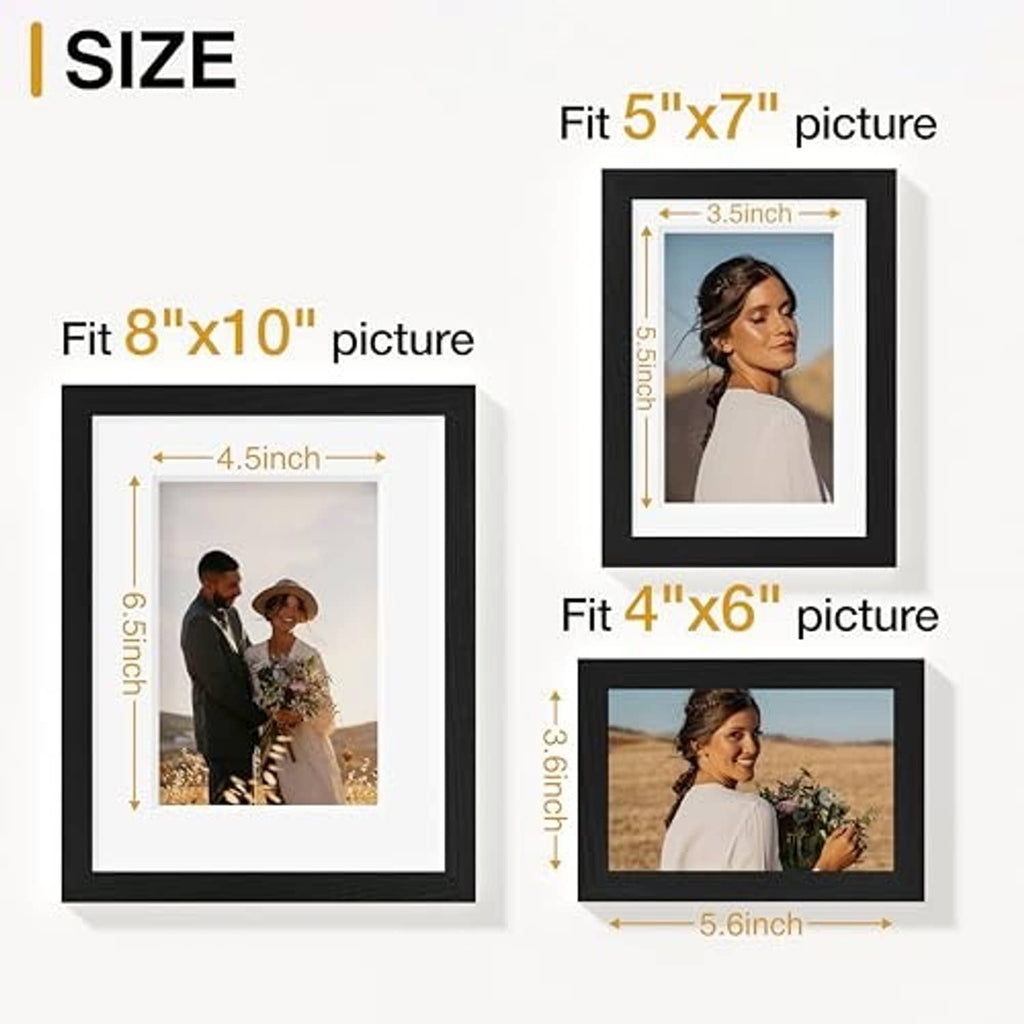 Black photo frame set sizing: fits 5x7, 8x10, and 4x6 pictures