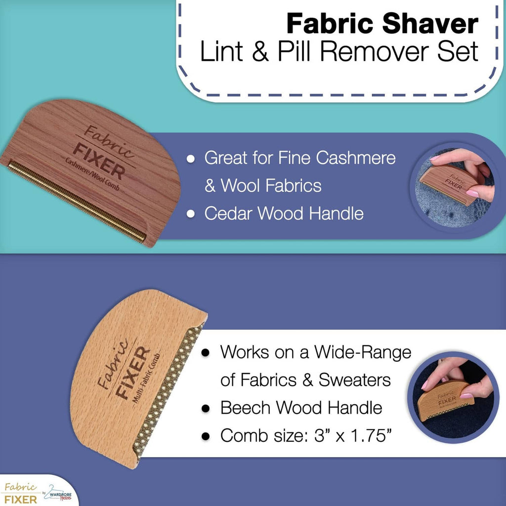 Multi-fabric lint and pill remover set with cedar wood shaver comb