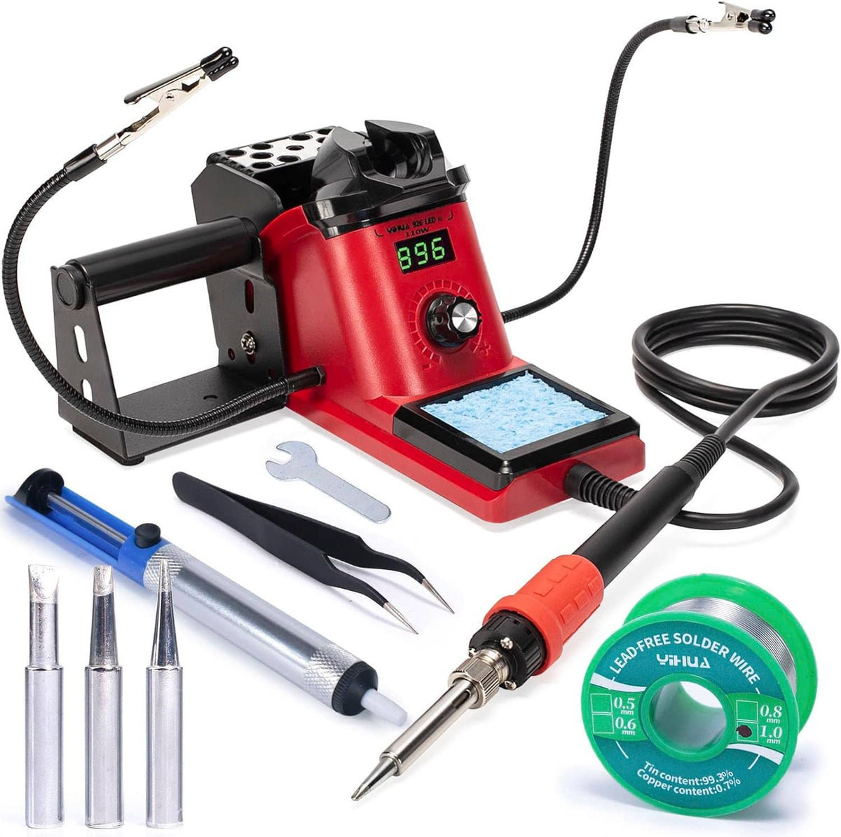 Digital soldering station kit with red base, LED temperature screen, iron, stand, and solder wire