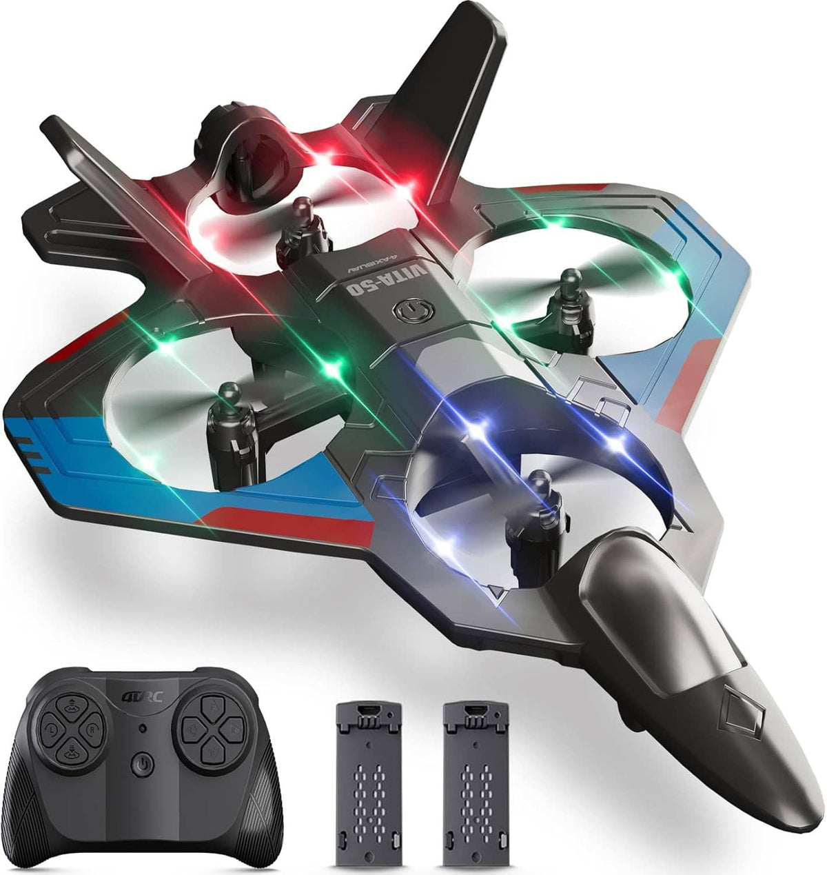 RC foam remote-control airplane with red, green, and blue LED propellers and landing skids