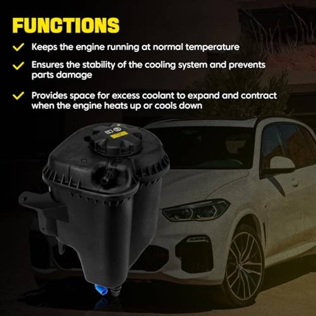 Engine coolant reservoir tank with sensor and outlet hose connection