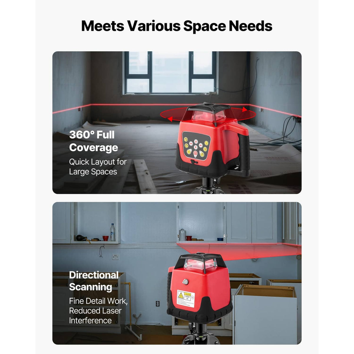 Red 360 laser level on tripod with multiple directional projection for large rooms
