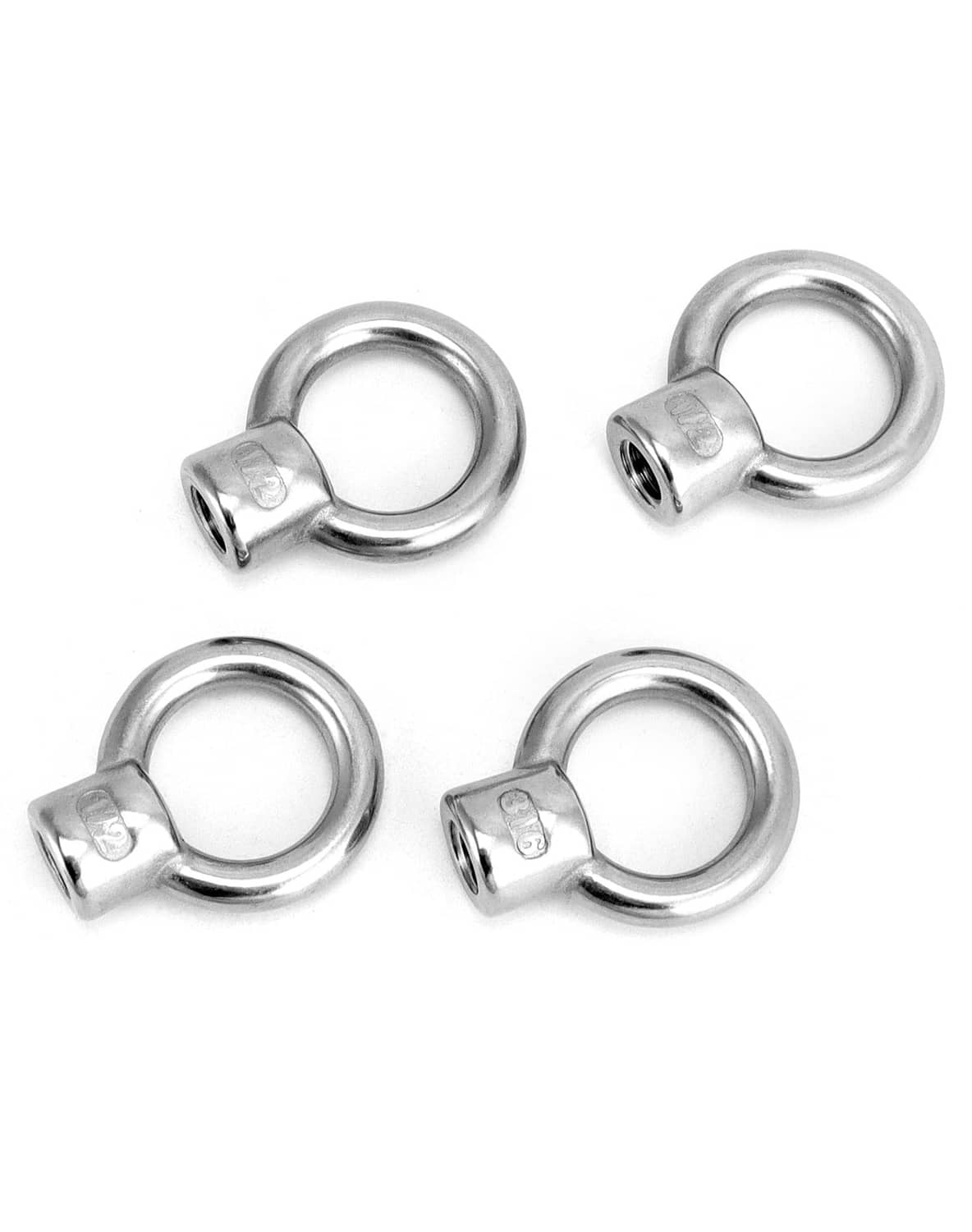 Stainless lifting eye nuts, 1/2 in UNC threaded eye, four-pack arranged