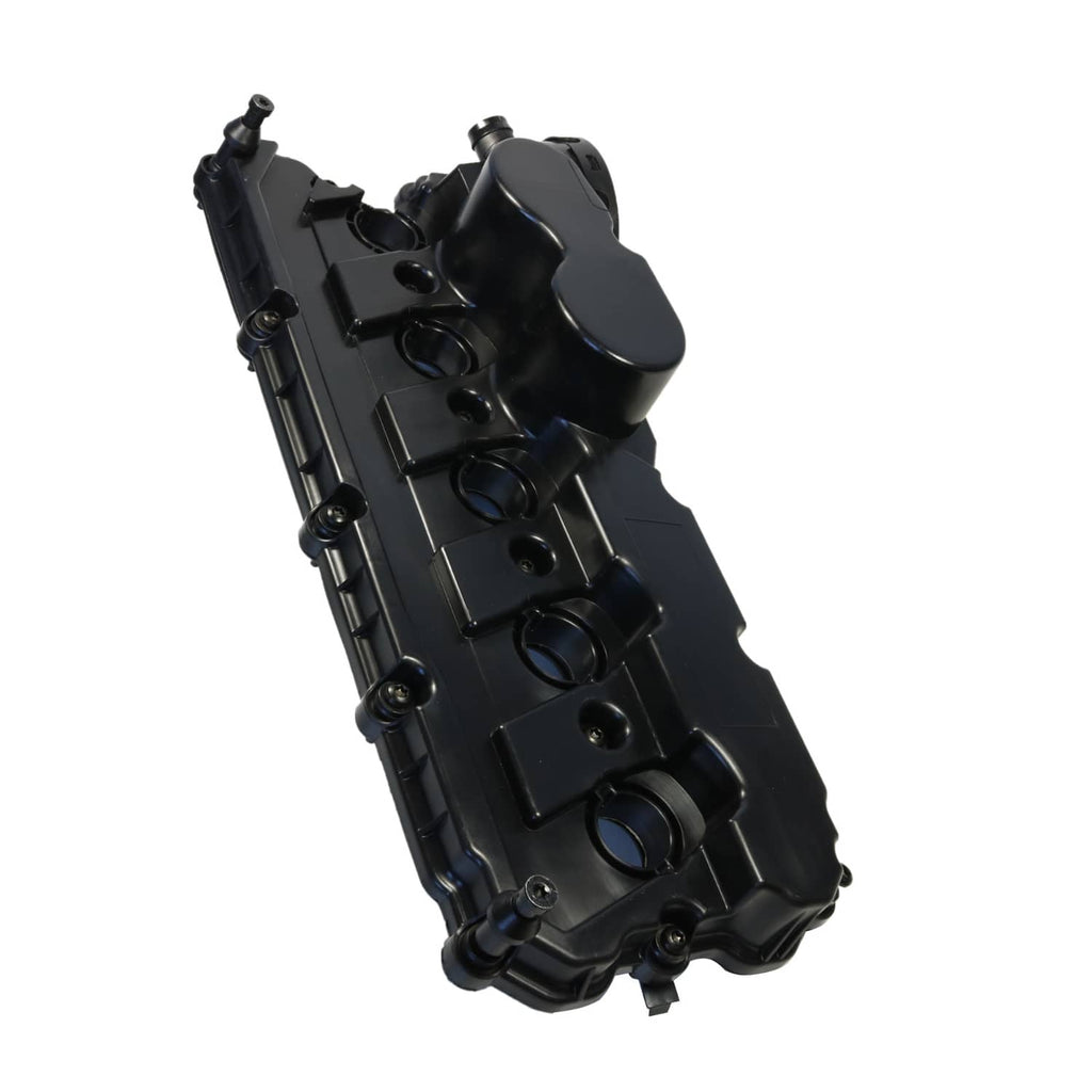 Engine valve cover with oil cap, black plastic housing, angled view