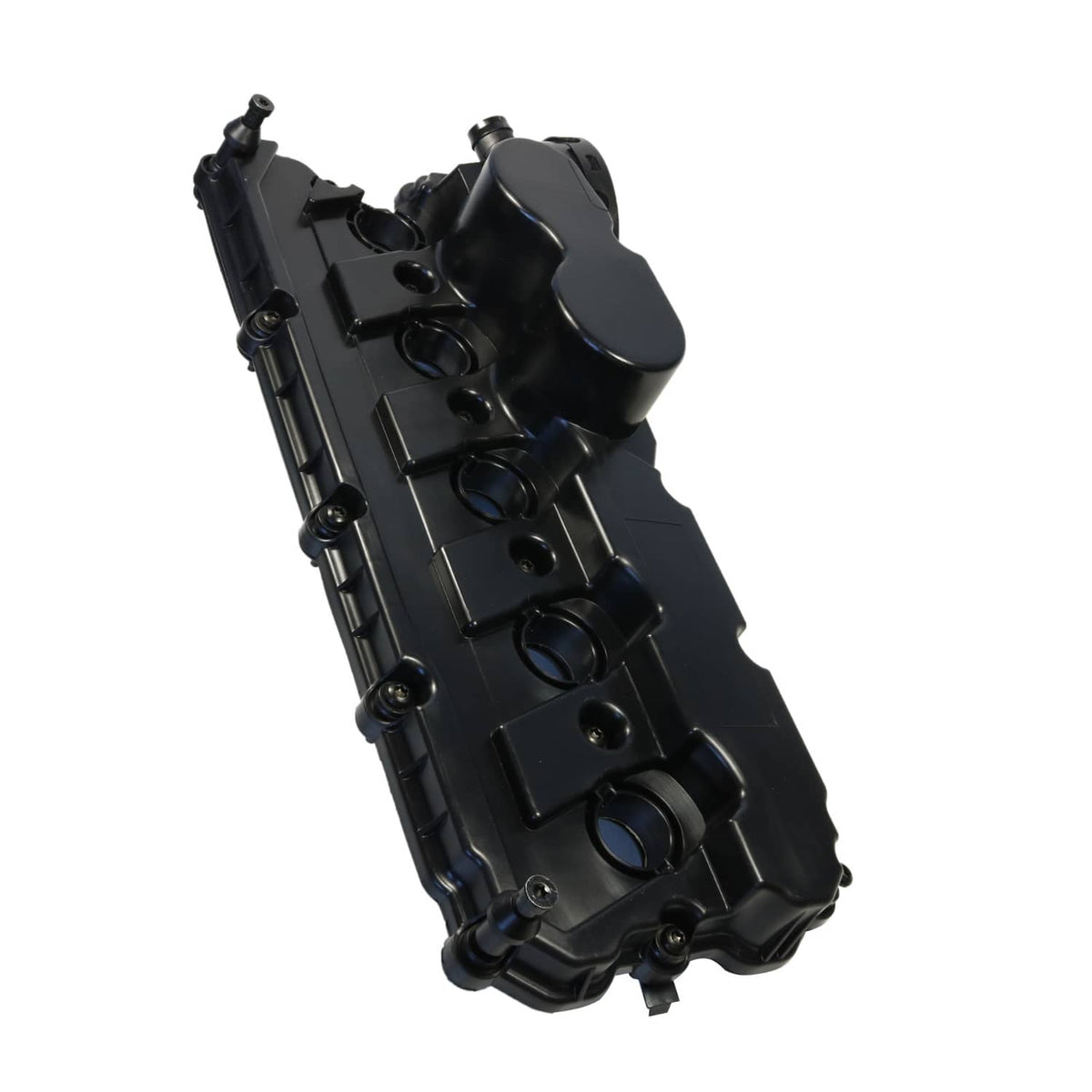Engine valve cover with oil cap, black plastic housing, angled view