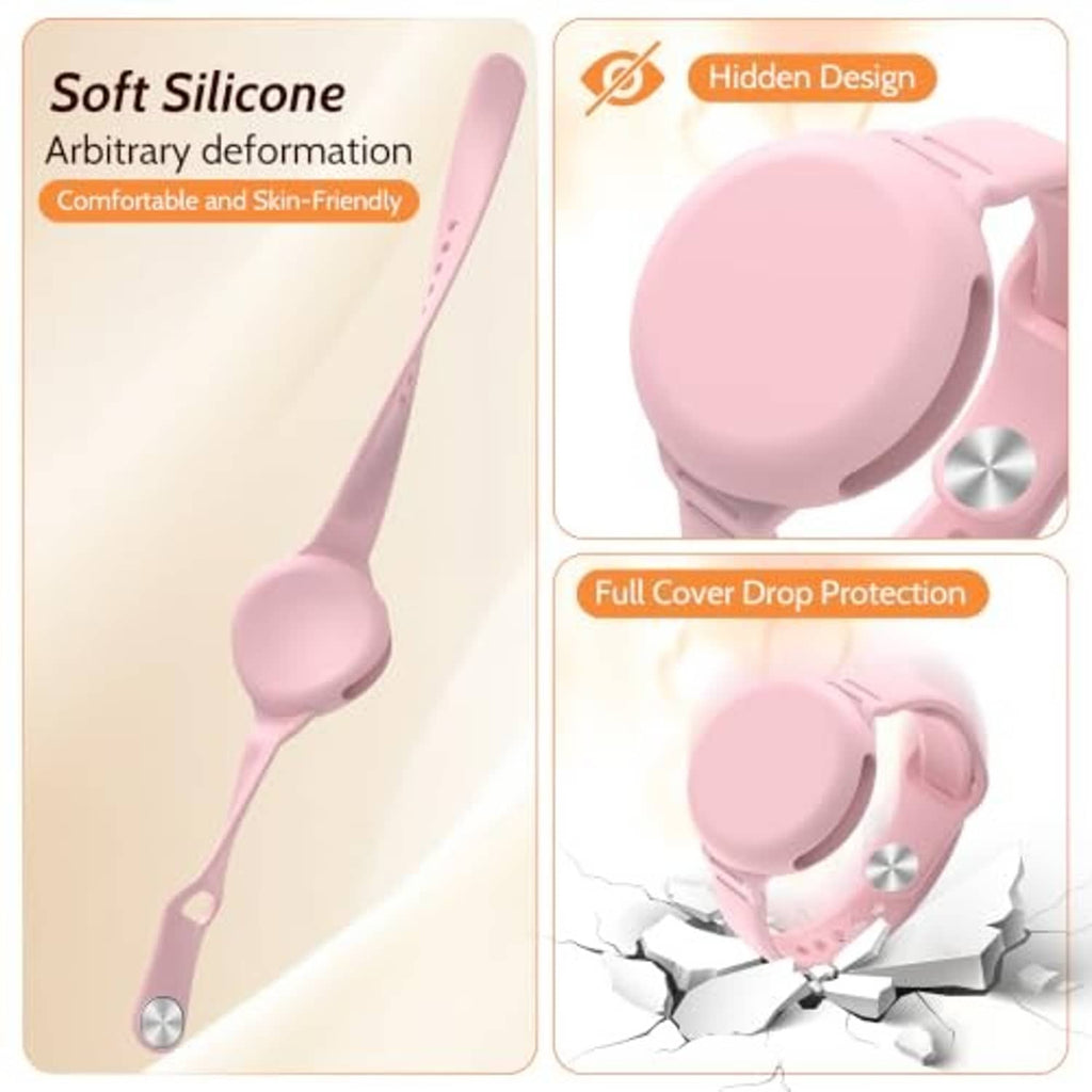Pink silicone wristband with cushioned cap and metal-style circular accent on the side