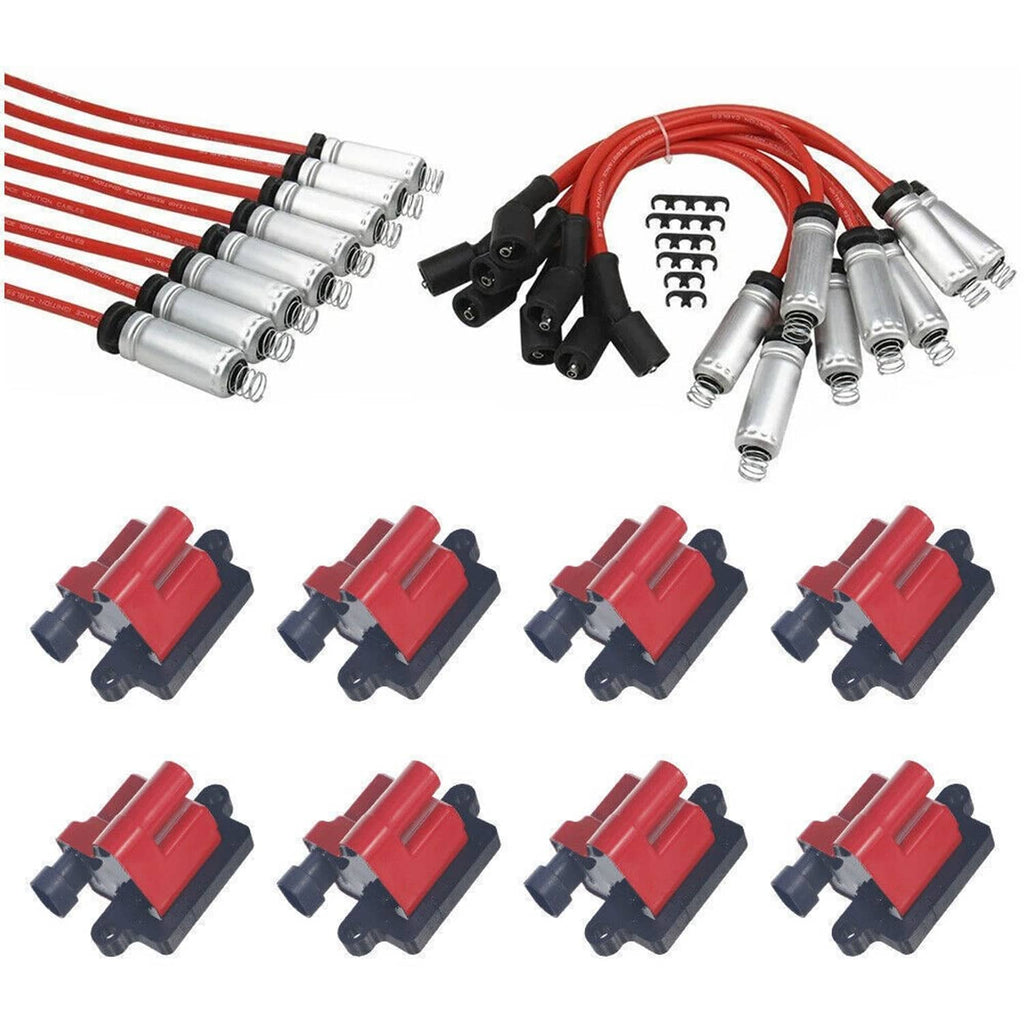 Ignition coil and spark plug wire kit with red coils, wires, and connectors