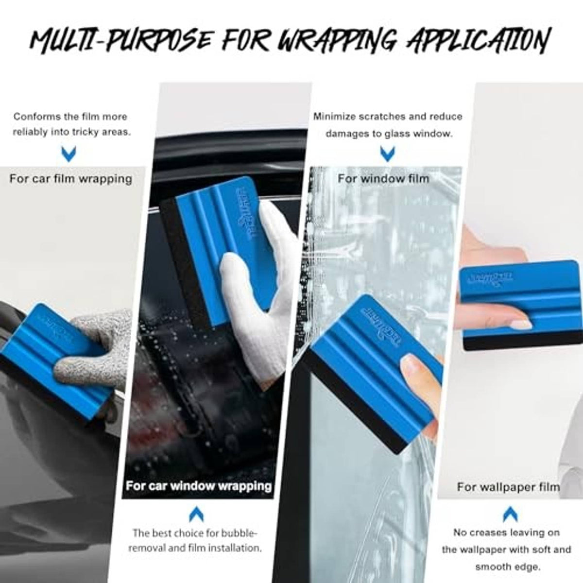 Blue felt-edge squeegee used to apply and smooth window or car film