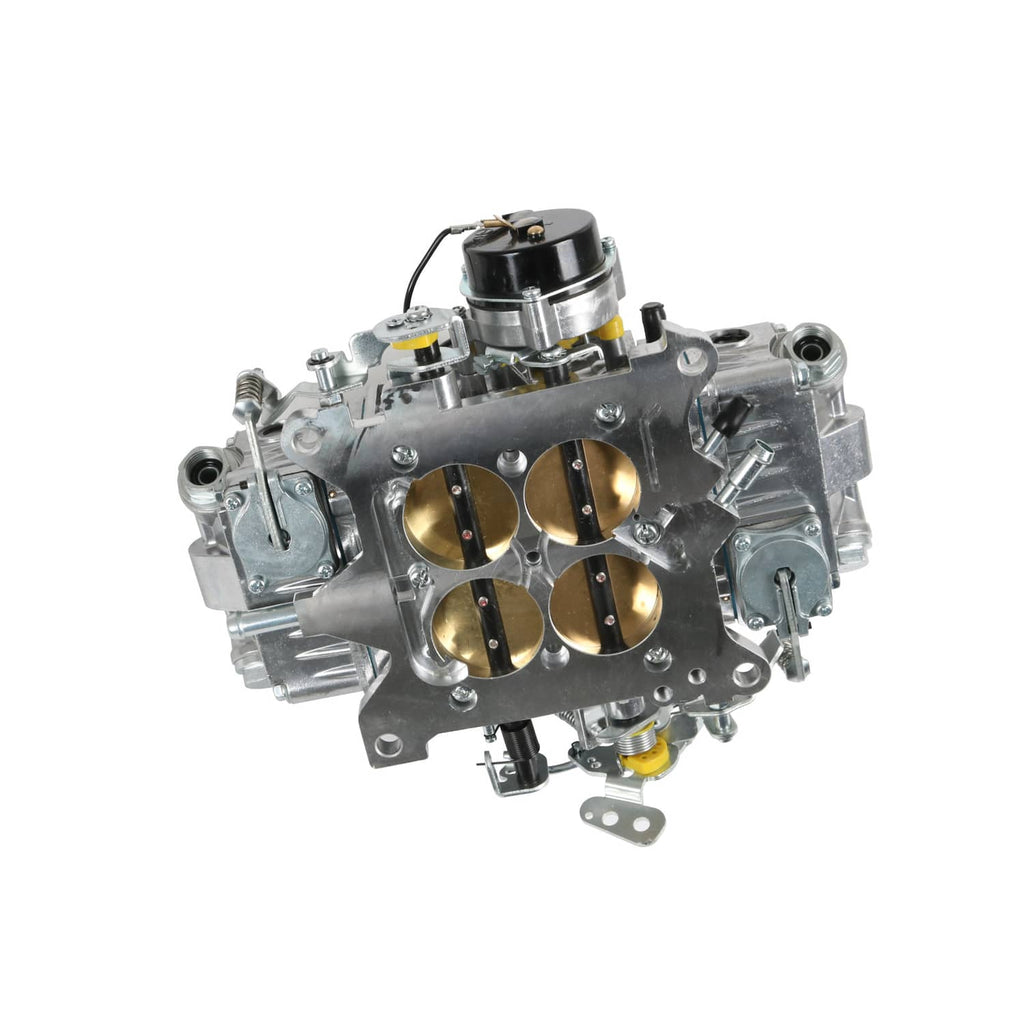 Side view of 4-barrel carburetor with black choke housing and four gold bores