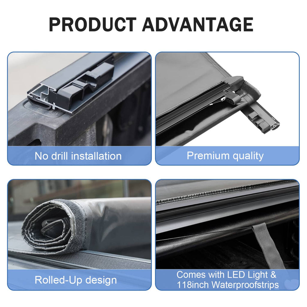 Soft roll-up vinyl tonneau cover details: rolled fabric, rails, and waterproof straps