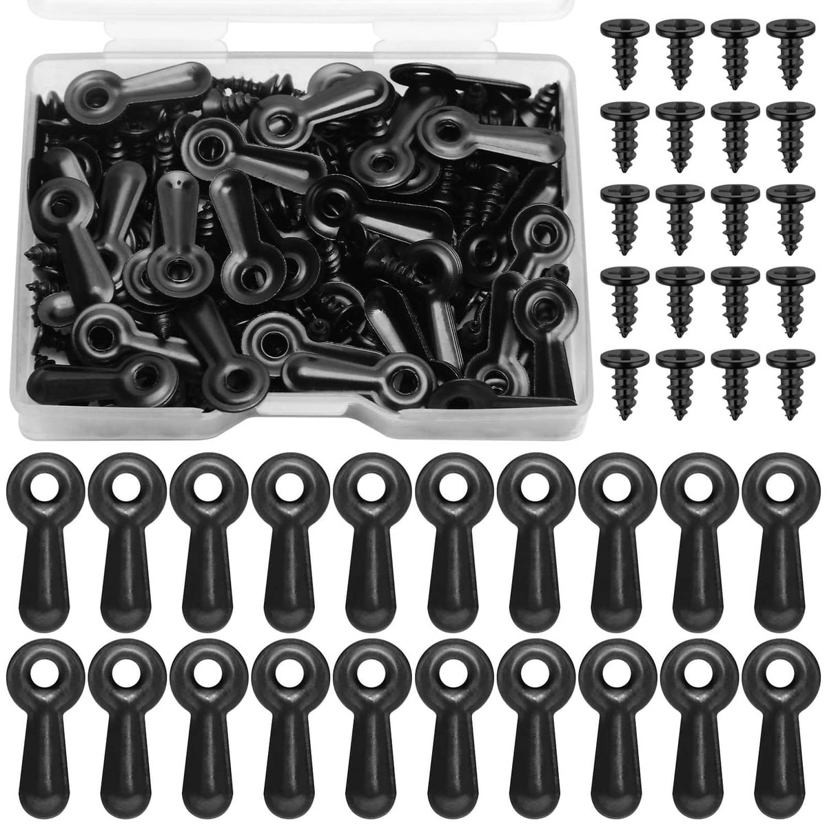 Black picture frame turn buckle fasteners set with screws and mounting washers.