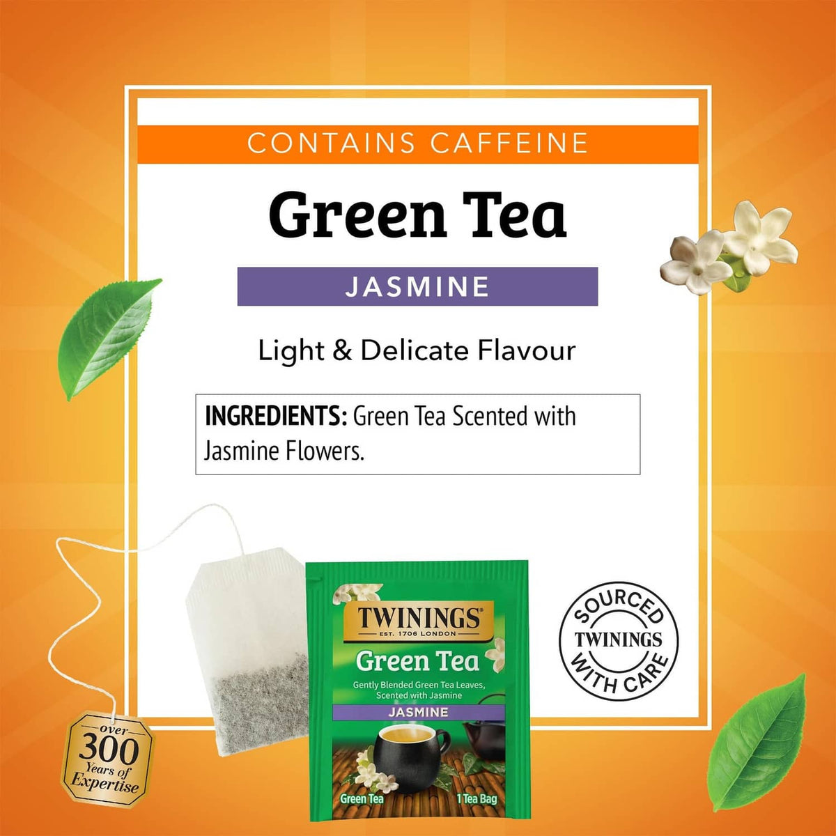 Twinings Green Tea Jasmine tea bags box card with caffeine note and light flavor