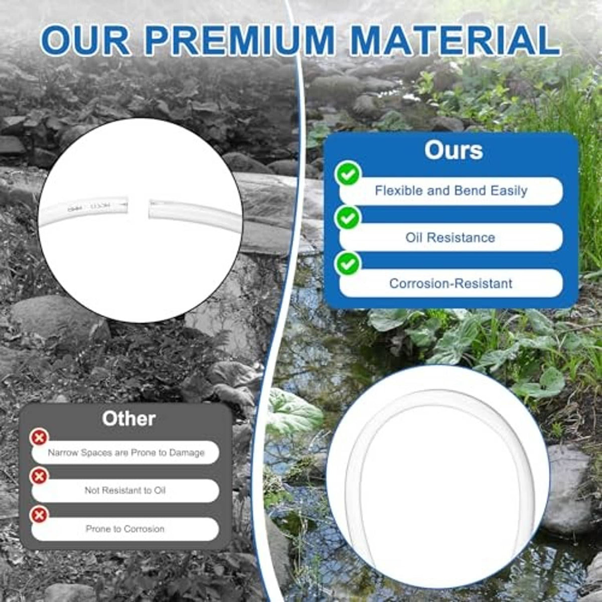 Clear flexible vinyl tubing coil with inset cross-section view, smooth transparent hose.