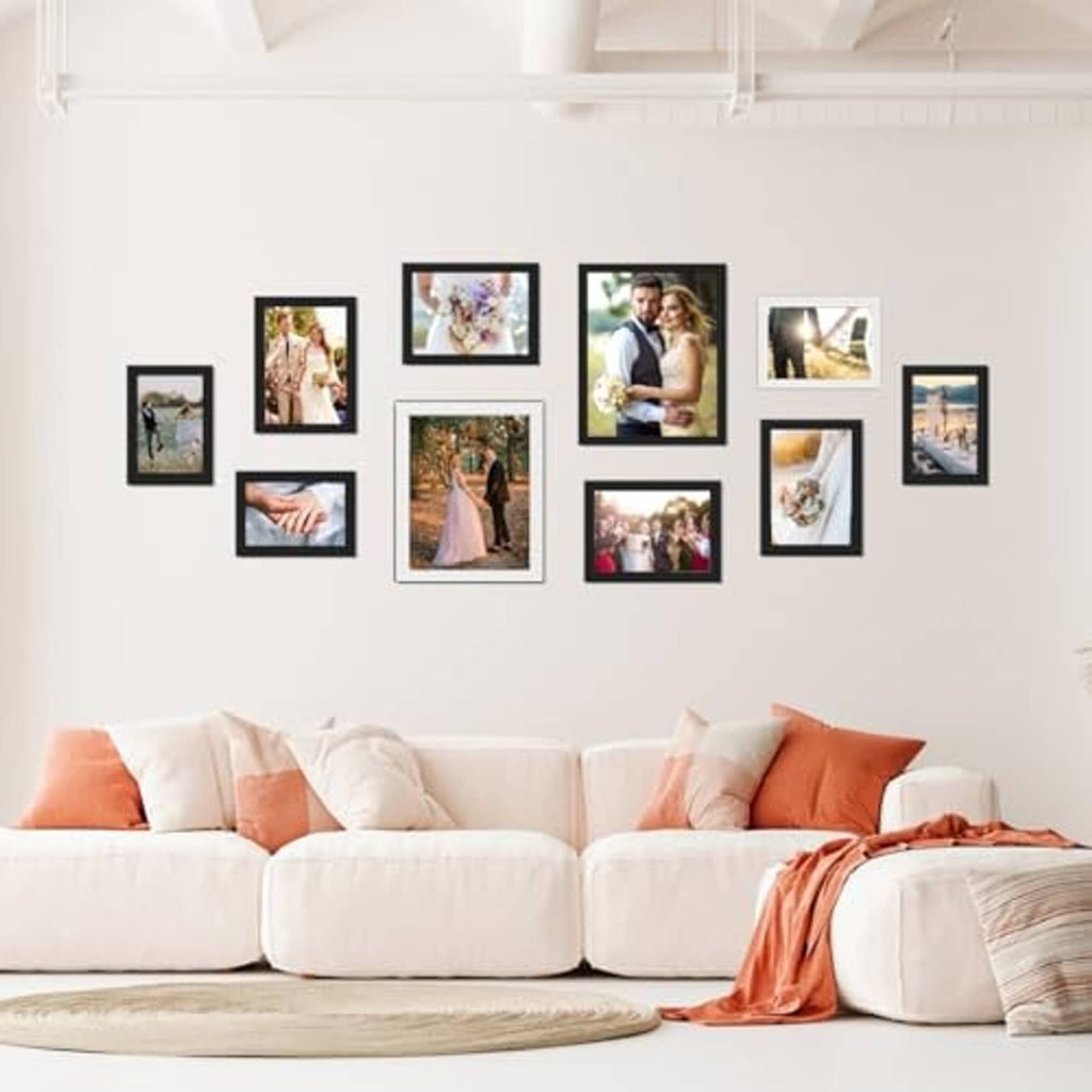 Black picture frames set arranged on a wall for A4 photos and documents