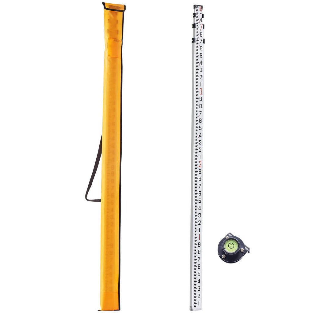 Yellow telescopic grade rod with gray tape scale and round level clip