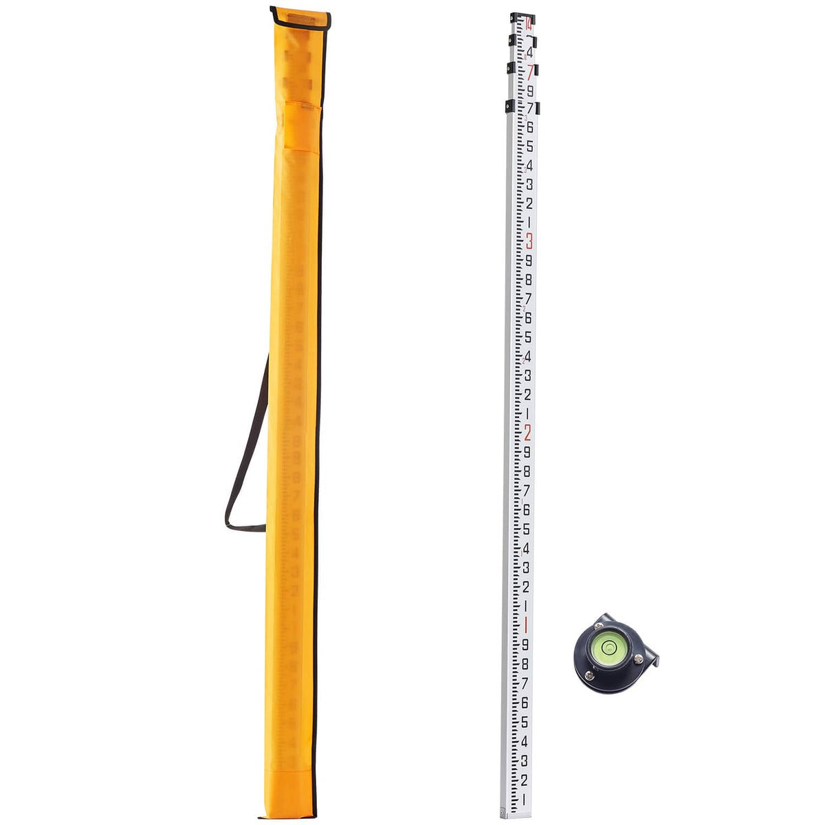 Yellow telescopic grade rod with gray tape scale and round level clip