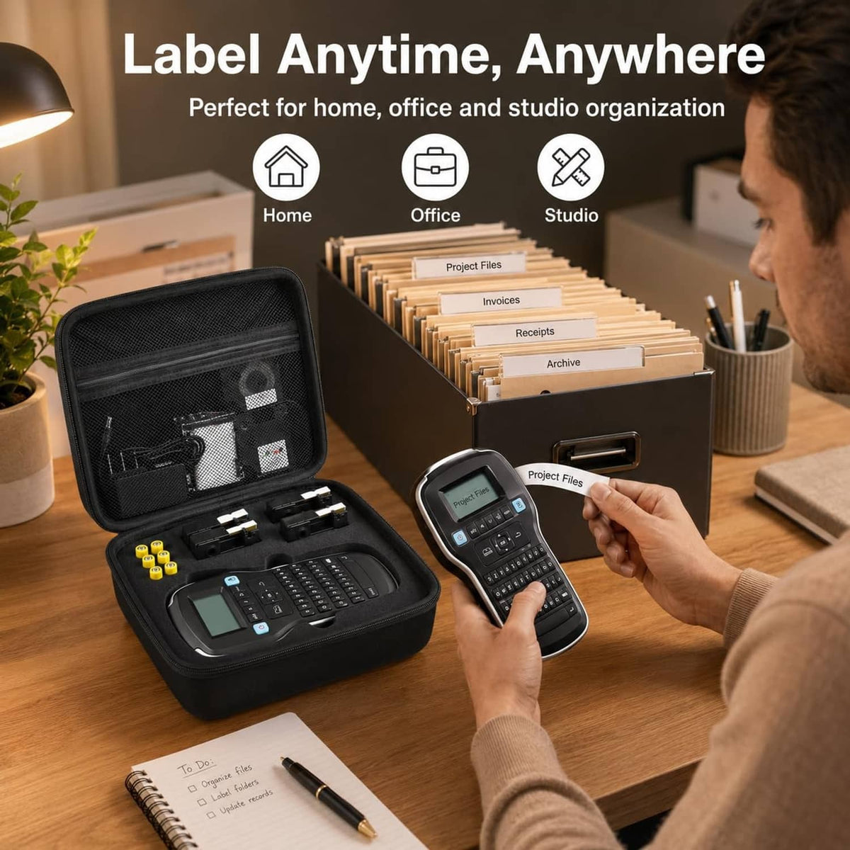 Black label maker storage case with mesh window and zippered lid for handheld labeling