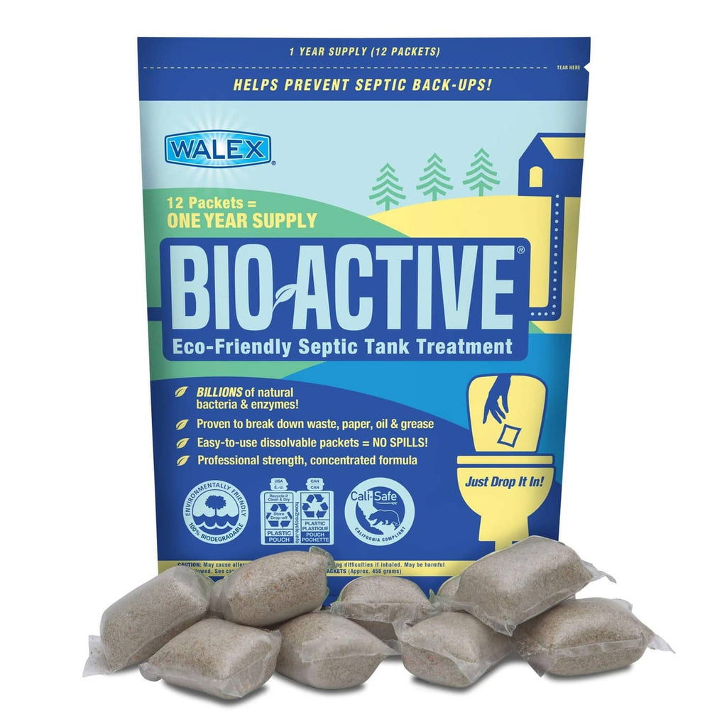 Bio-Active septic tank treatment pouch with small gray pellets, WALEX label