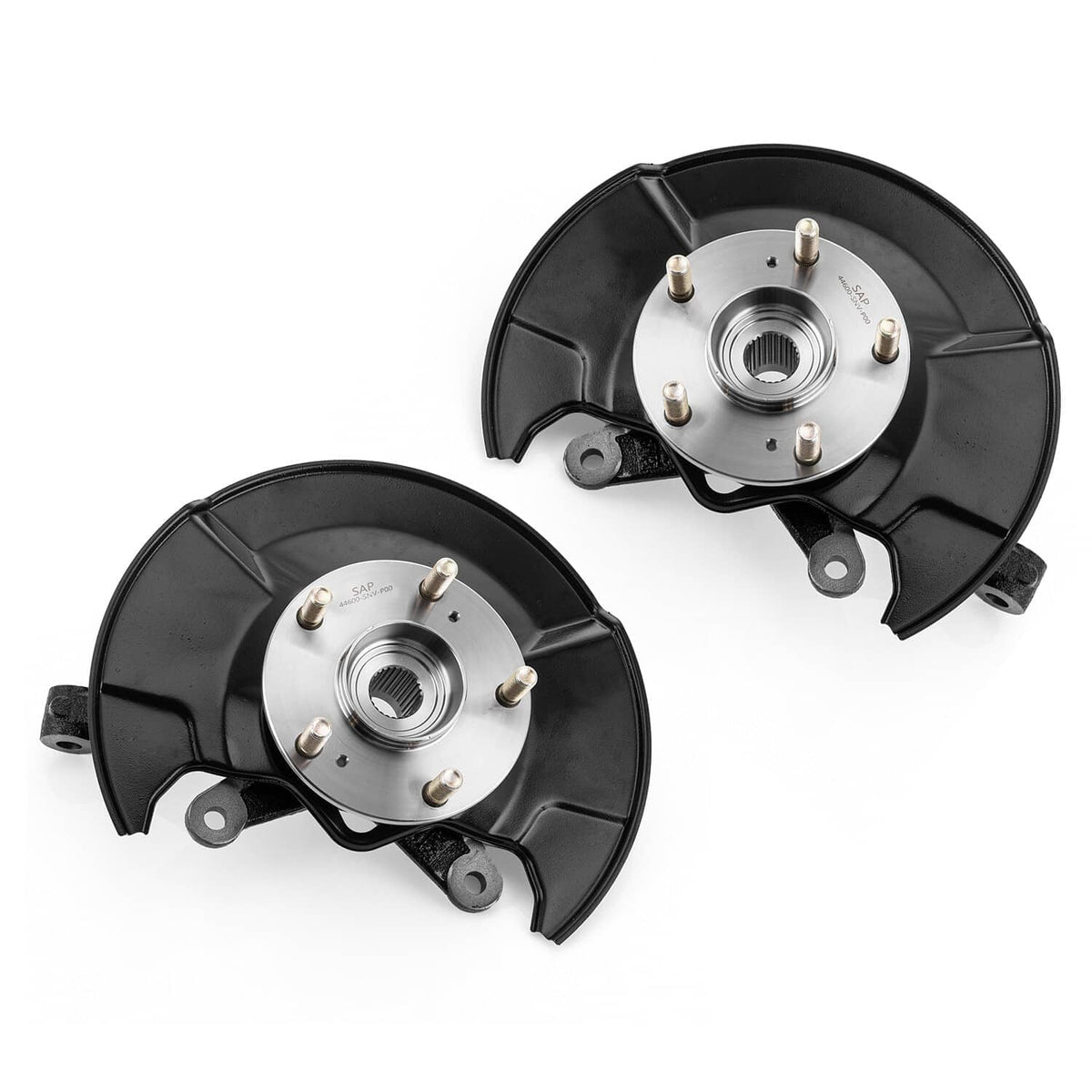Pair of front steering knuckle assemblies with silver wheel hub centers