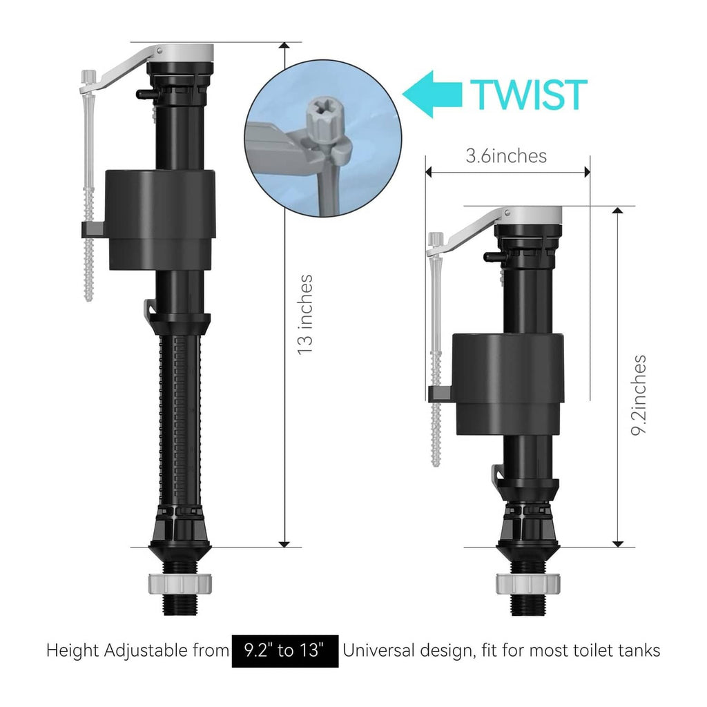 Toilet fill valve with adjustable height, showing mounting dimensions and twist mechanism