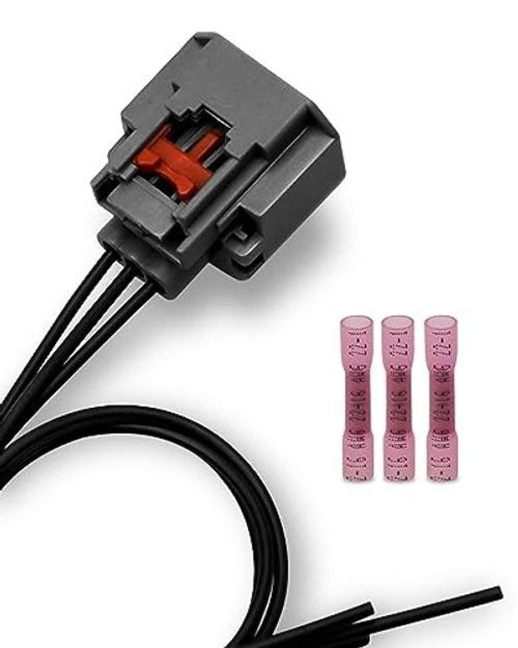 Gray 3-wire electrical pigtail connector with red insert and looped black cable leads