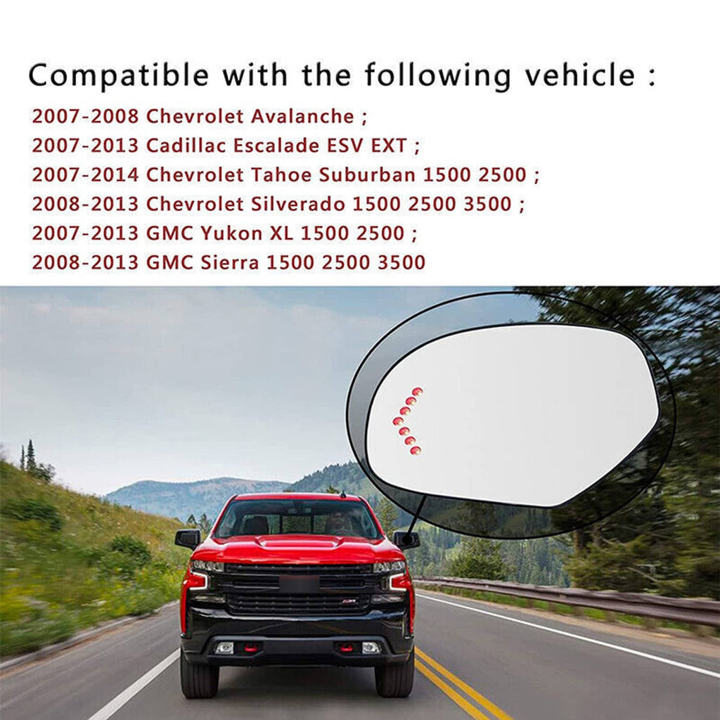 Heated mirror glass insert with red LED turn-signal strip on white glass (left)