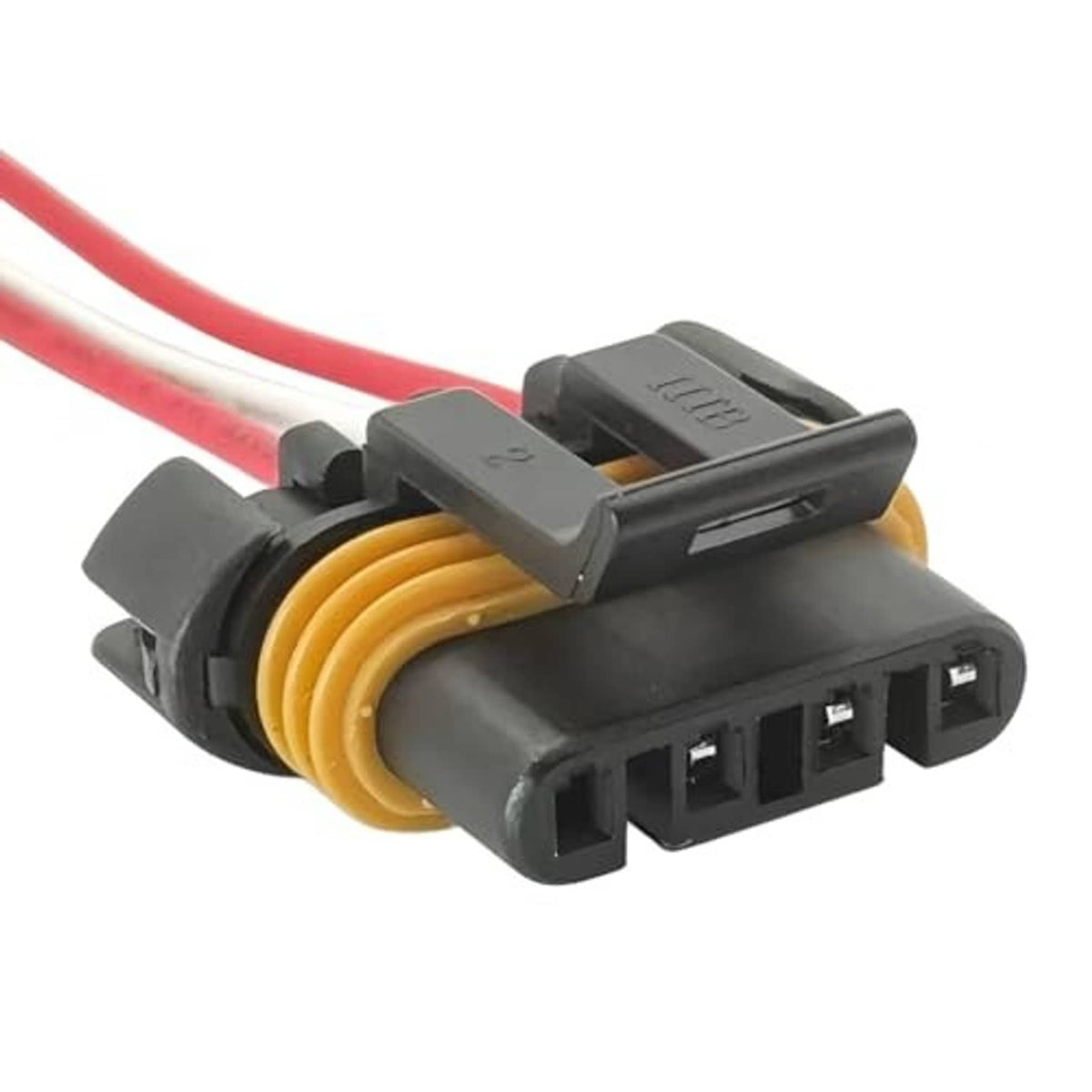 Alternator wire connector pigtail angled view, yellow inner seal, black body, red wire leads